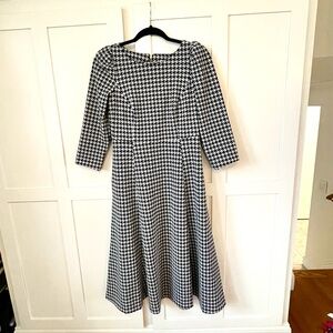 Calvin Klein Black and White Midi Minimal Puff Sleeve Houndstooth Dress 6